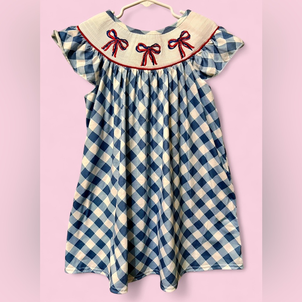 NWT Smocked Gingham Dress Girls 7 – Blue Check Bow Smocking Flutter Sleeve Dress